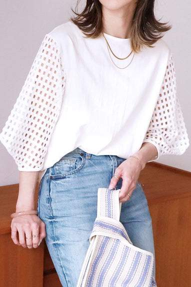 ラウンドネック透かしチェック袖ランタンTシャツ 2色入 – liwisi 