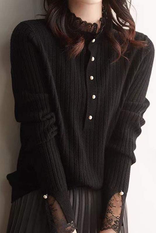 Elegant Ribbed Knit Sweater with Lace Trim - liwisi