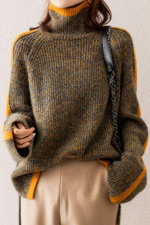 Turtle Neck Raglan Sleeve Bi-Color Knit - liwisi