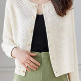 Textured Crew Neck Long Sleeve Knit Cardigan - liwisi