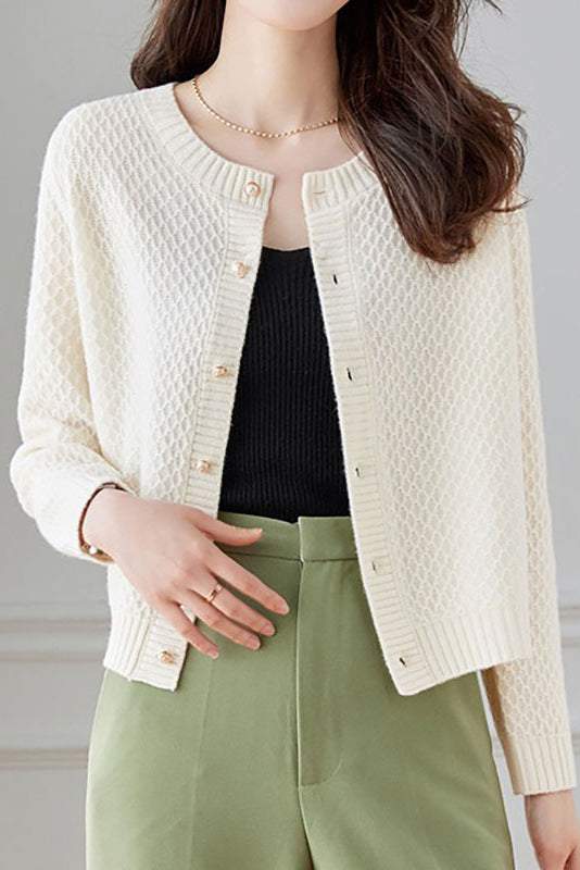 Textured Crew Neck Long Sleeve Knit Cardigan - liwisi