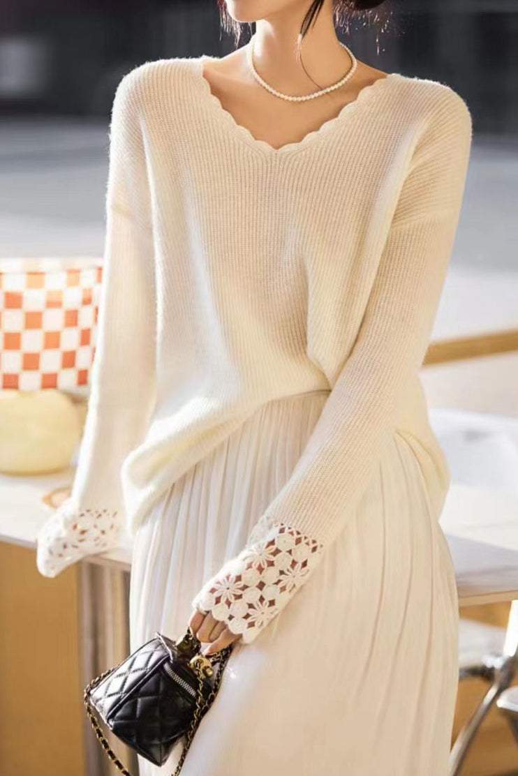 Ruffled Collar Open Knit Drop Shoulder Knit - 2 Colors Available - liwisi