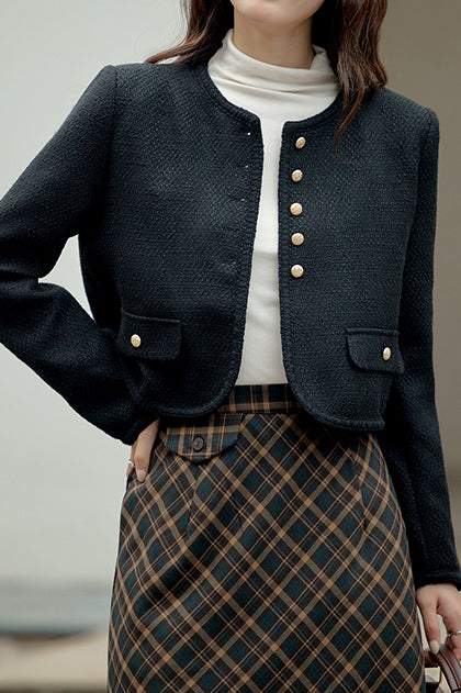 Elegant Round Neck Flap Decor Jacket with Lining - 2 Colors Available - liwisi