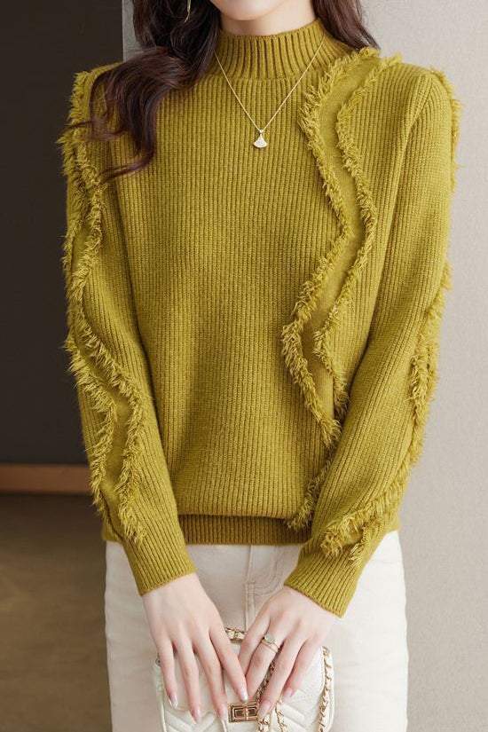Bottle Neck Fringe Decor Long Sleeve Sweater - 4 Colors Available - liwisi