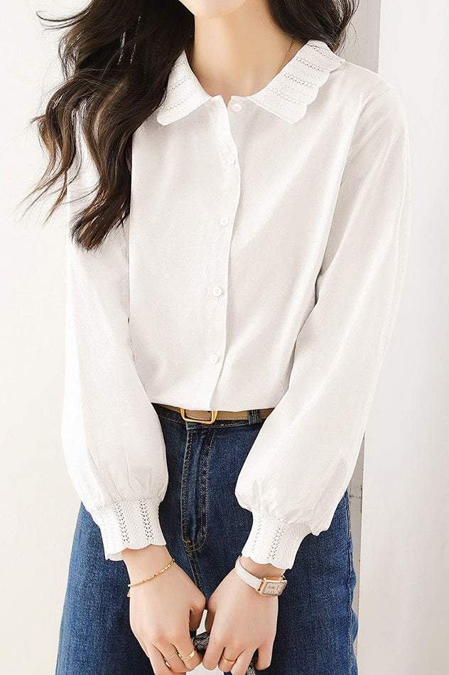 Scalloped Collar Puff Sleeve Long Sleeve Shirt - 2 Colors Available - liwisi