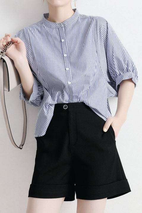 Band Collar Striped Puff Blouse - 2 Colors Available - liwisi