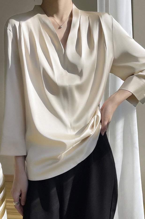 V-Neck Front Tuck Satin Blouse - 5 Colors Available - liwisi
