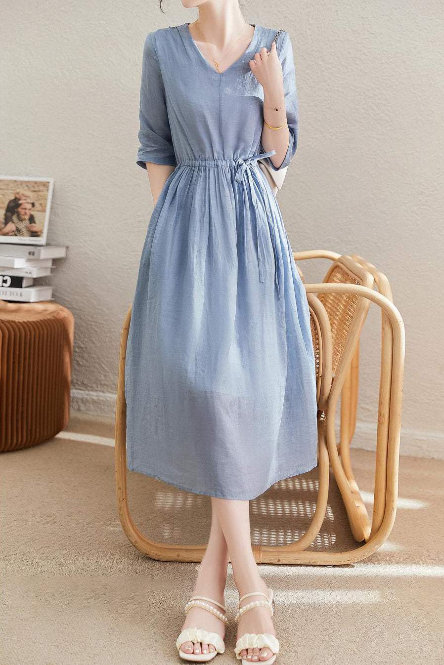 V-Neck Drawstring Long Flare Dress with Lining - liwisi