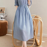 V-Neck Drawstring Long Flare Dress with Lining - liwisi