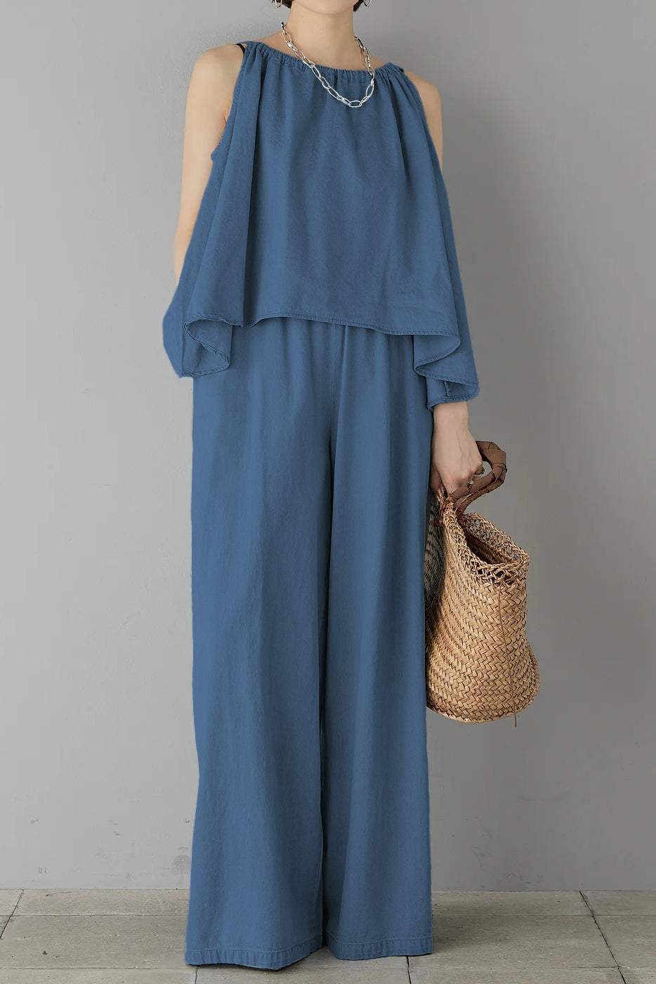 Two-Piece Set: Irregular Hem Drawstring Denim Camisole Top + Effortless Maxi Wide Denim Pants - 2 Colors Available - liwisi