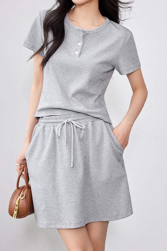 Two-Piece Set: Round Neck Slit Opening Short Sleeve T-Shirt + Logo Embroidered Drawstring Shorts - 2 Colors Available - liwisi