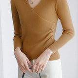 V-Neck Front Cross Side Gathered Button Decor Knit - 4 Colors Available - liwisi