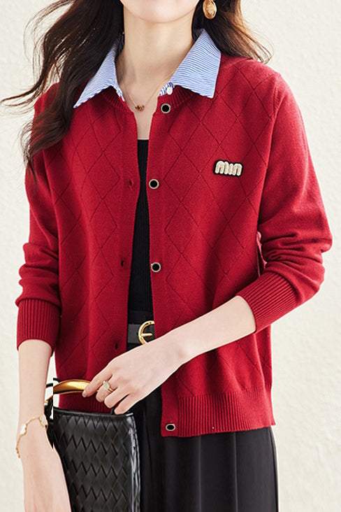 Mixed Material Shirt Collar Striped Logo Embroidered Knit Cardigan - 3 Colors Available - liwisi