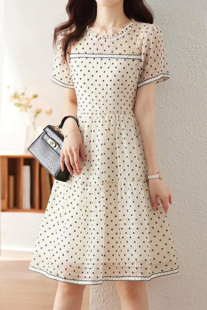 Ruffle Collar Small Floral Flock Flare Dress with Lining - liwisi