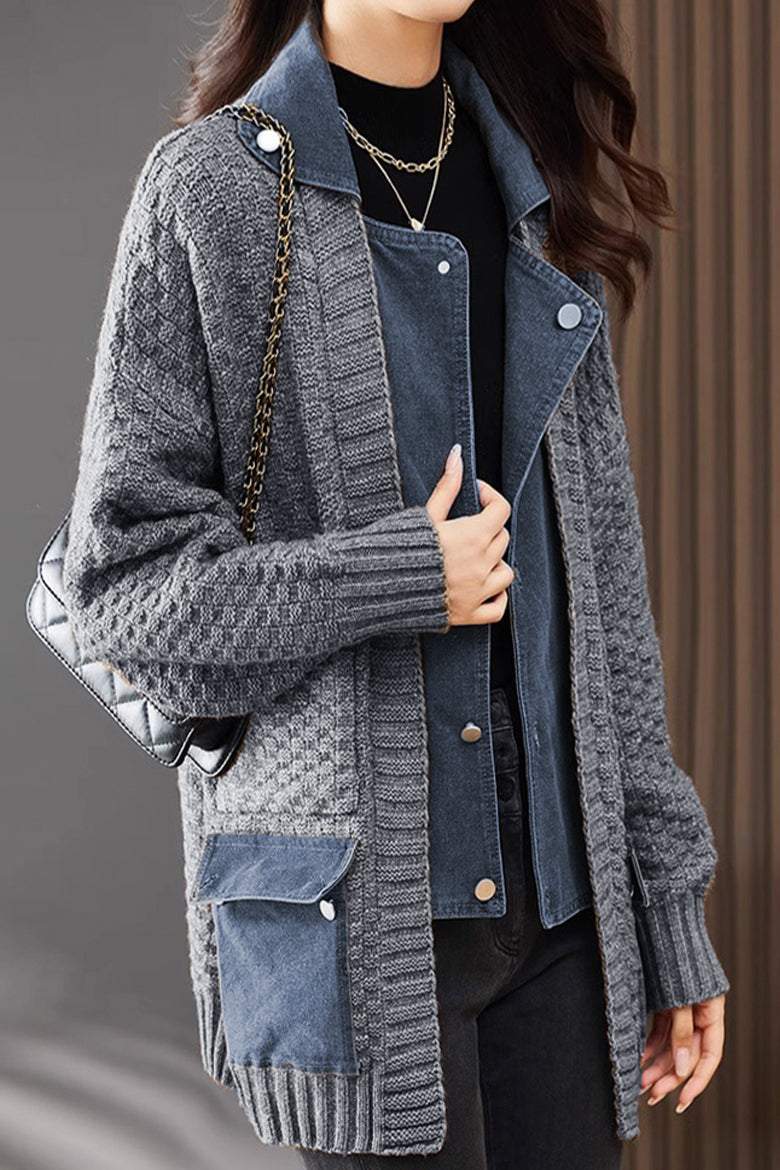 Spliced knitted cardigan coat - liwisi