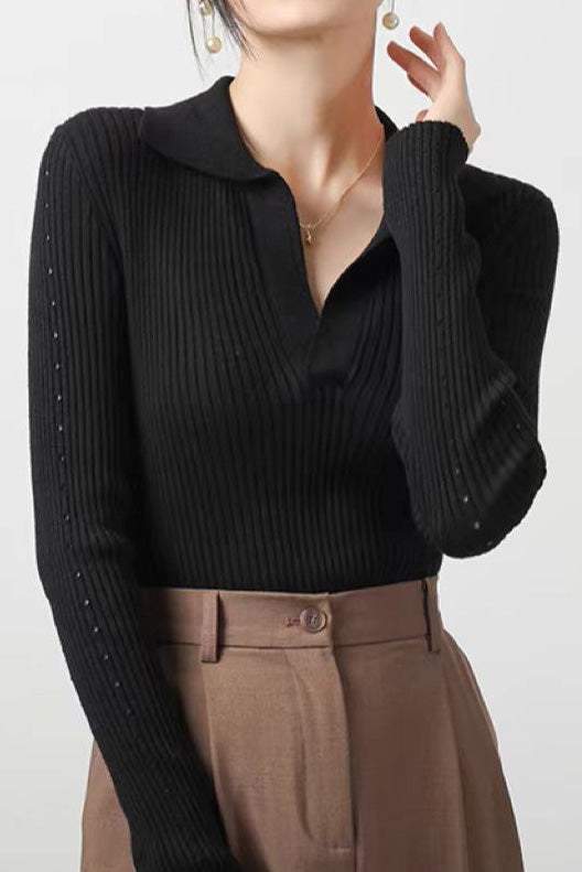 Skipper Collar Sheer Sleeve Knit Top - 5 Colors Available - liwisi
