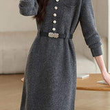 Turn-down collar mid-length waist-cinched long-sleeved knitted dresses - liwisi