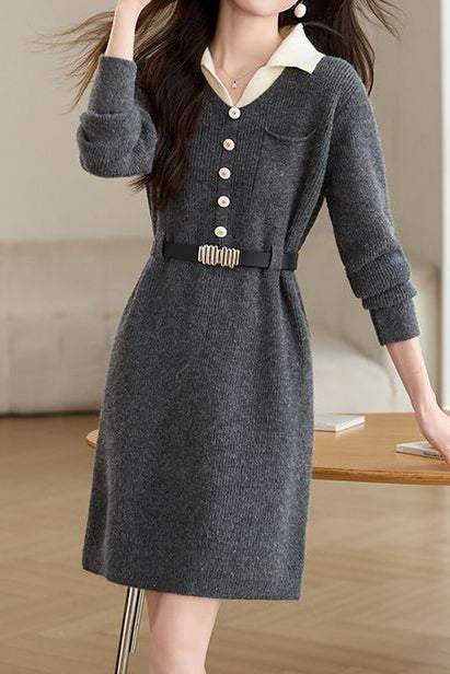 Turn-down collar mid-length waist-cinched long-sleeved knitted dresses - liwisi