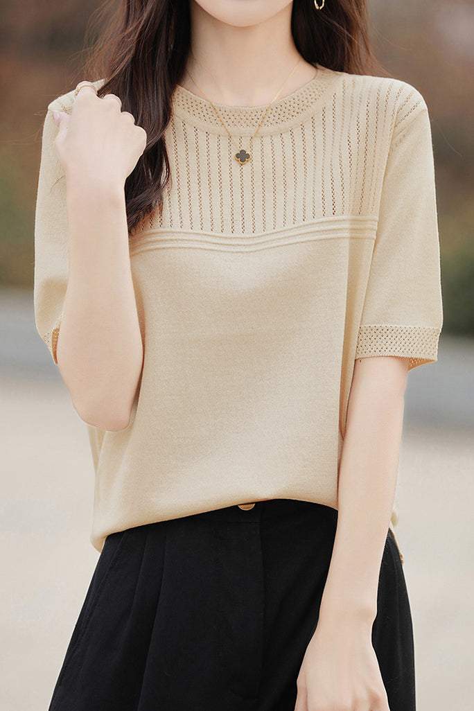 Round Neck Openwork Knit Top - 5 Colors Available - liwisi