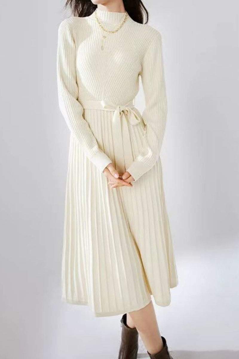 Bottle Neck Pleated Docking Knit Dress - 2 Colors Available - liwisi