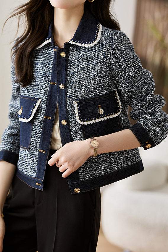 Elegant Denim Patchwork Elegant Boucle Coat - liwisi