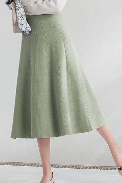 Knit A-Line Flare Long Floral Jacquard Skirt with Elastic Waist - 7 Colors Available - liwisi