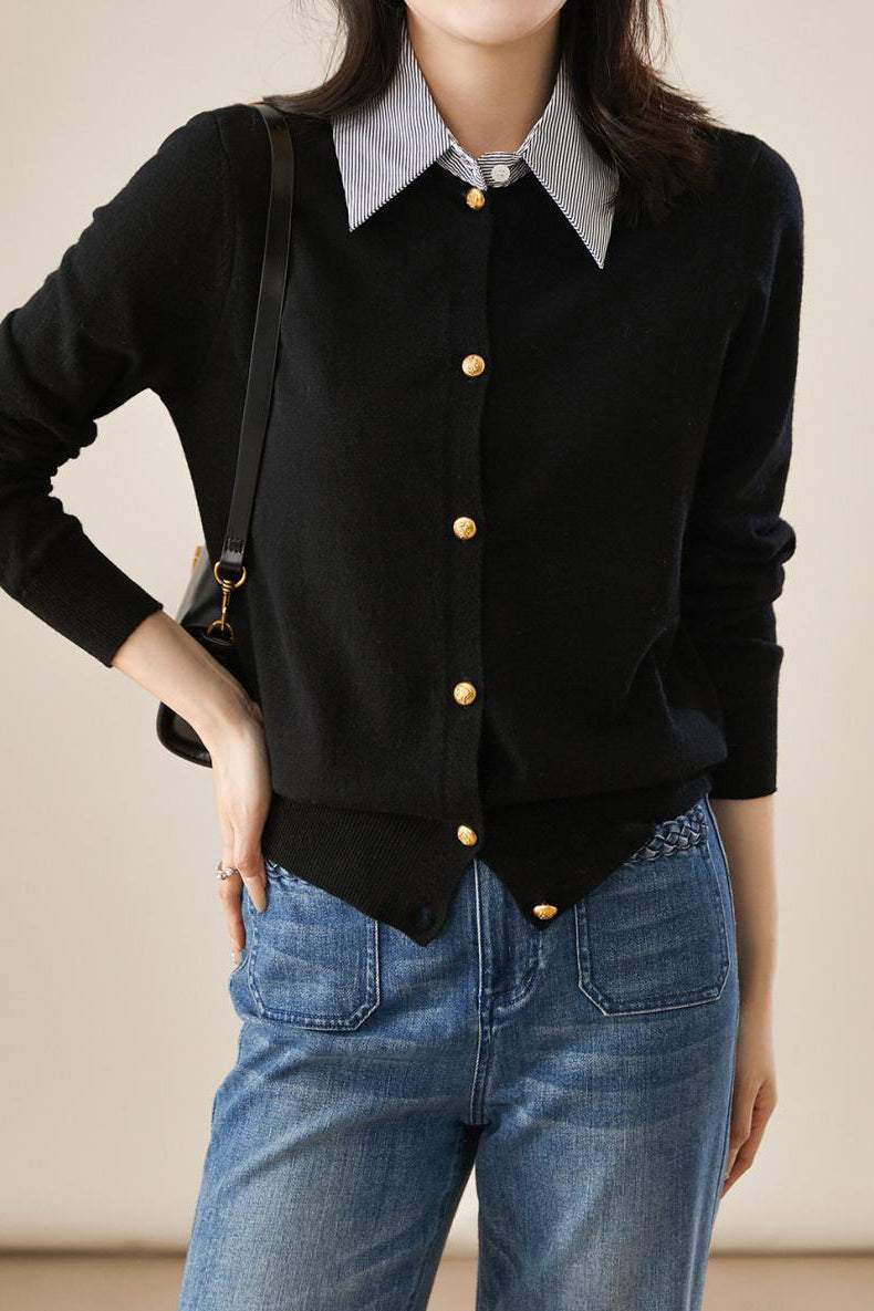 Layered Look Shirt Collar Striped Contrast Knit Cardigan - 3 Colors Available - liwisi