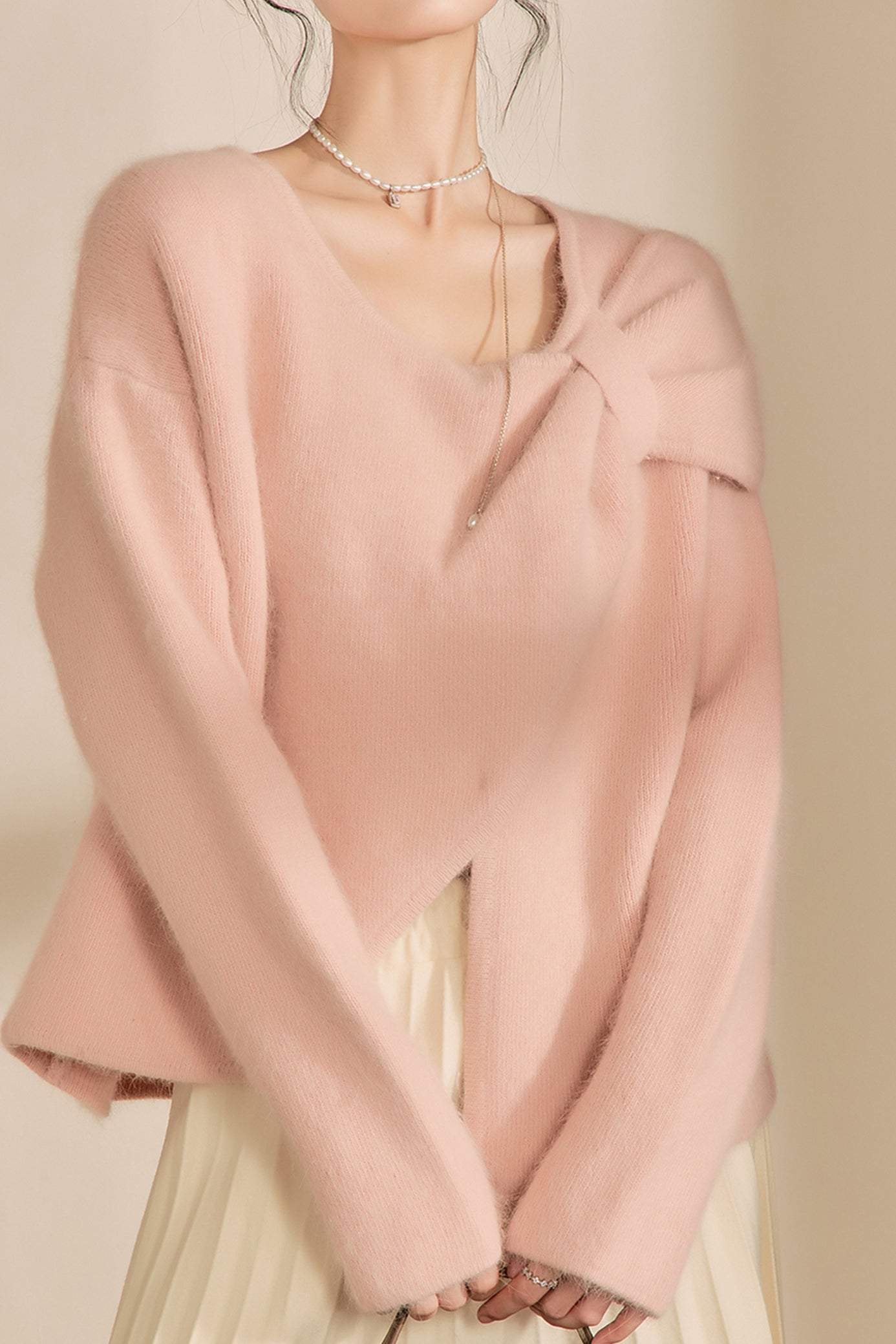 Plain Irregular Butterfly Ribbon Loose Fur Knit Round Neck Sweater - liwisi