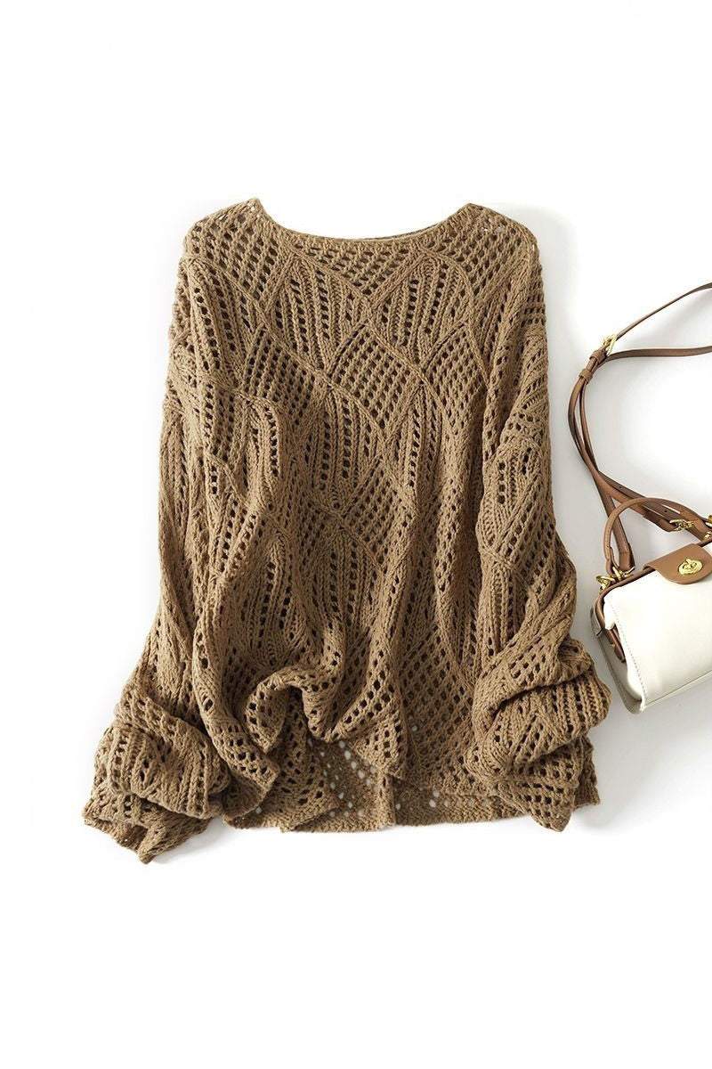 Round Neck Openwork Drop Shoulder Knit - 2 Colors Available - liwisi