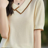 Asymmetrical Chelsea Collar Short Sleeve Knit - 3 Colors Available - liwisi
