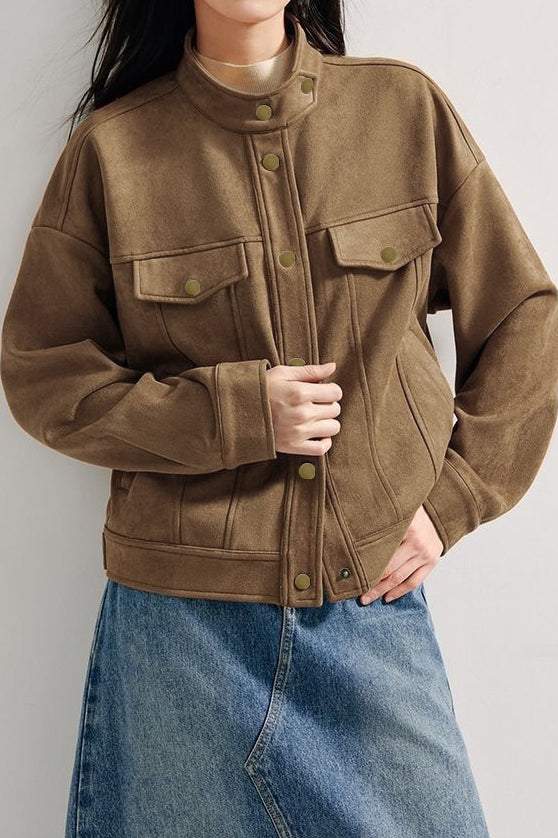 Stand Collar Short Jacket with Lining - 2 Colors Available - liwisi
