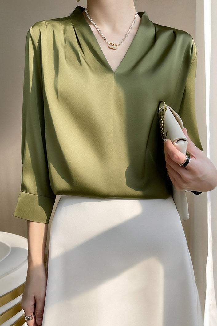 V-Neck Front Tuck Satin Blouse - 5 Colors Available - liwisi