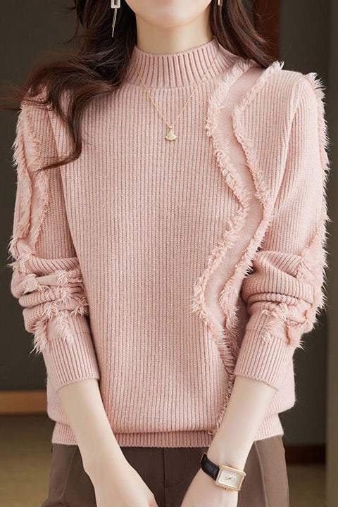 Bottle Neck Fringe Decor Long Sleeve Sweater - 4 Colors Available - liwisi