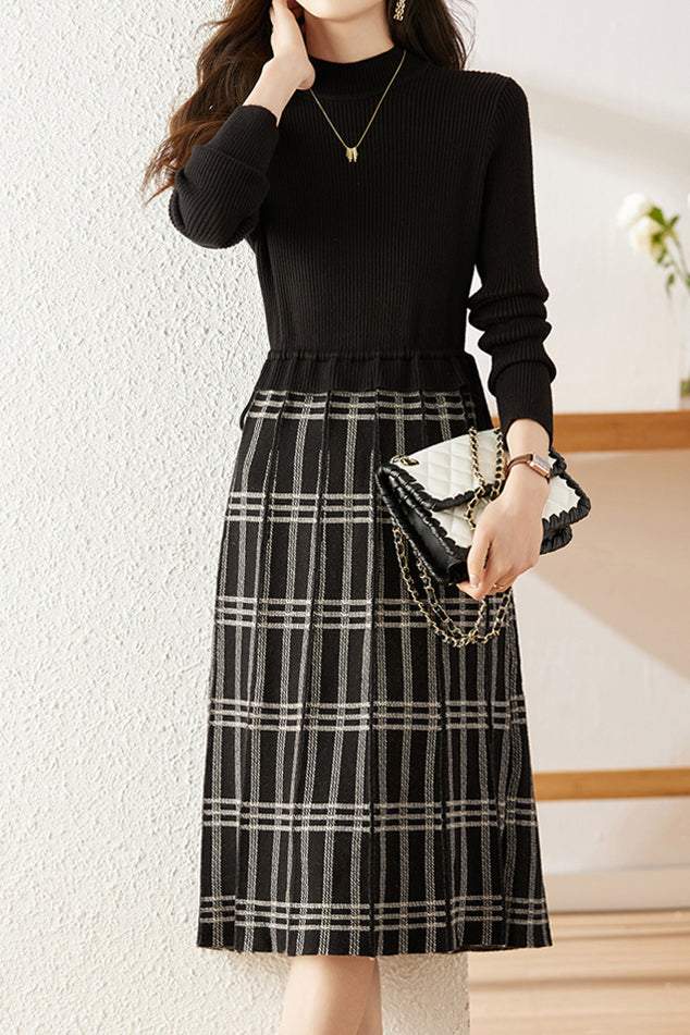 Drawstring Check Contrast Knit Dress - 2 Colors Available - liwisi