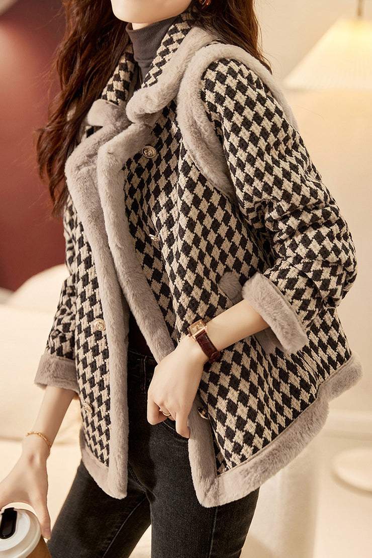 Lapel Collar Eco Fur Decor Houndstooth Jacket - liwisi