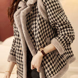 Lapel Collar Eco Fur Decor Houndstooth Jacket - liwisi
