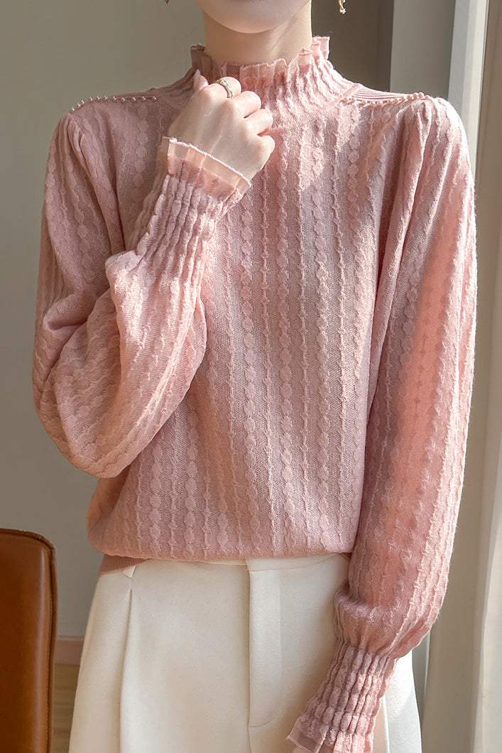 Lace-trimmed semi-high-neck base layer shirt - liwisi