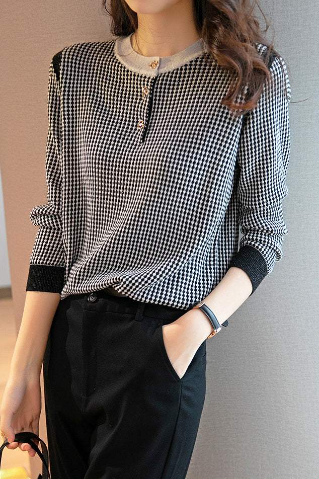 Round Neck Slit Opening Check Knit - 2 Colors Available - liwisi