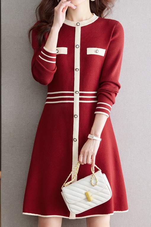 Color-Blocked Mid-Length Knit Dress - liwisi