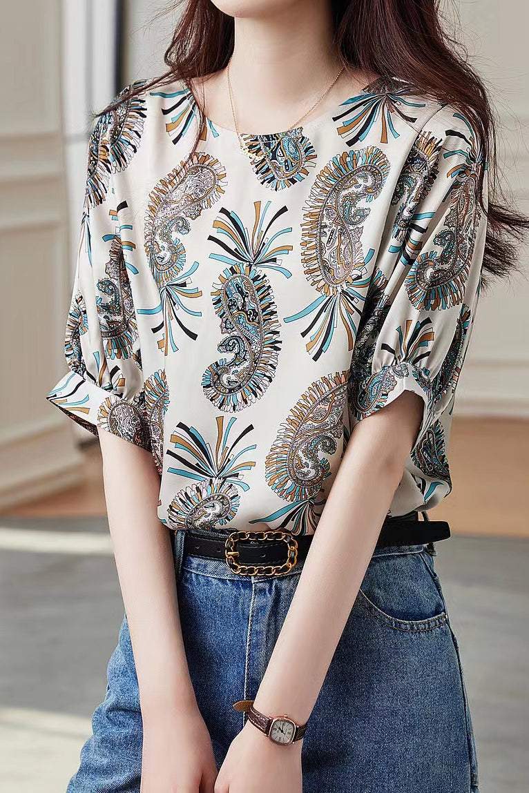 Round Neck Paisley Print Short Sleeve Blouse - liwisi