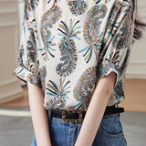 Round Neck Paisley Print Short Sleeve Blouse - liwisi