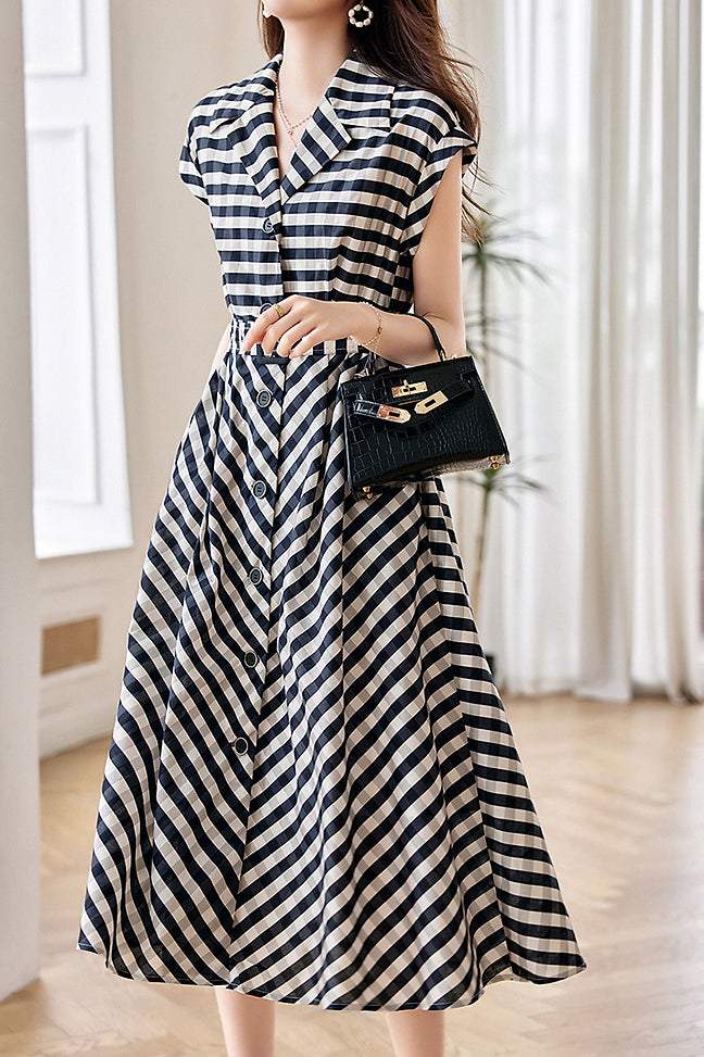 Lapel Collar Check Long Flare Dress liwisi Lapel Collar Check Long Flare Dress liwisi