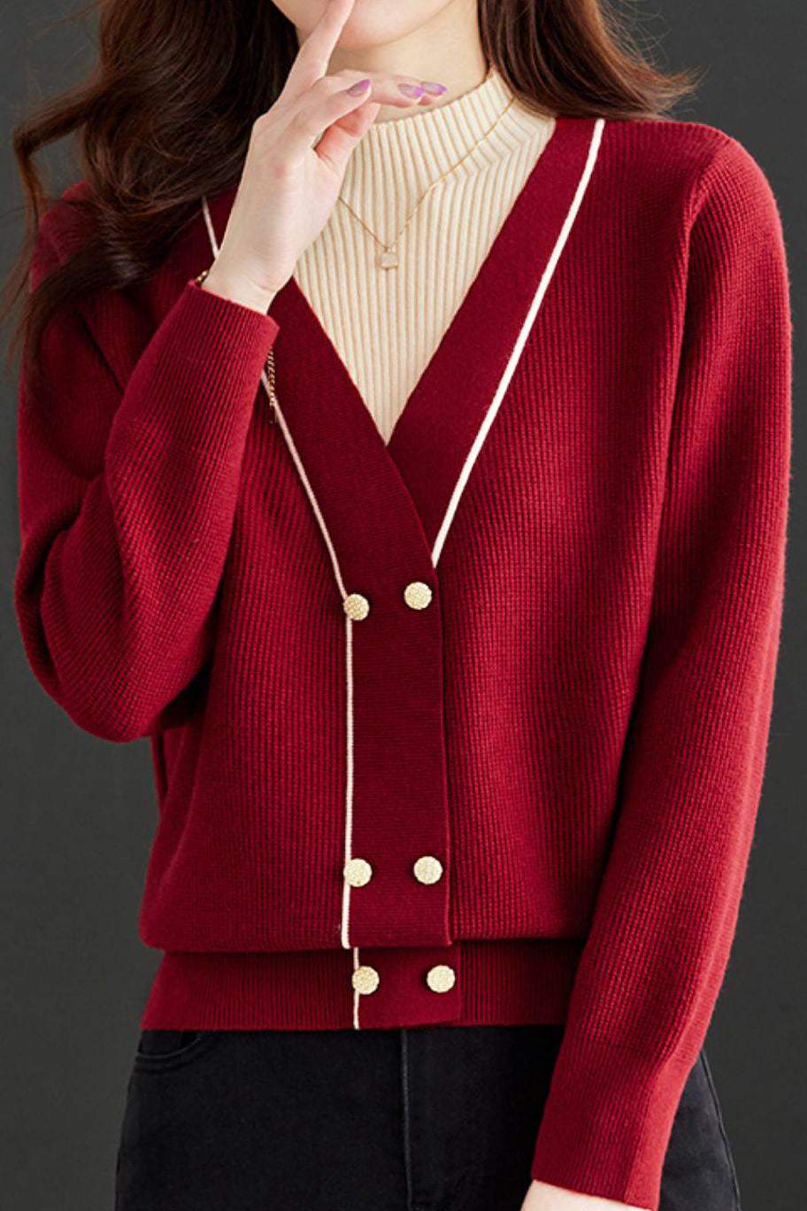 Contrast - color fake two - piece knitted sweater - liwisi