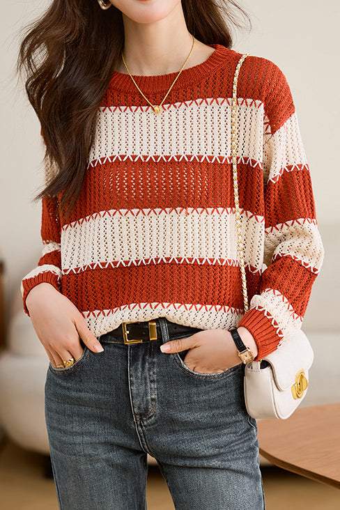 Contrast Color Hollow Out Knit Sweater - liwisi