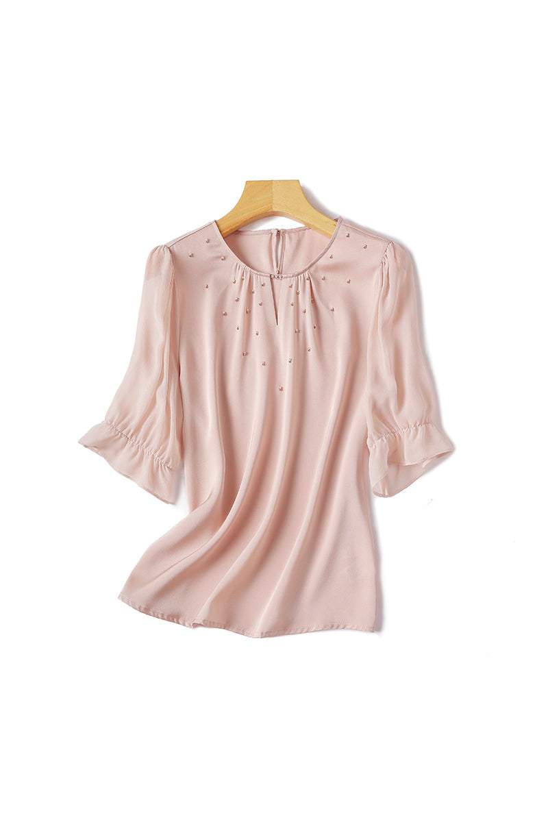 Front Cut-Out Rhinestone Decor Sheer Sleeve Blouse - 2 Colors Available - liwisi