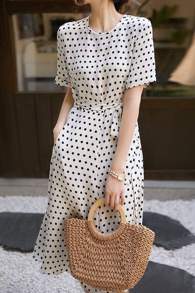Round Neck Dot Pattern Semi-Flare Dress with Lining - 2 Colors Available - liwisi