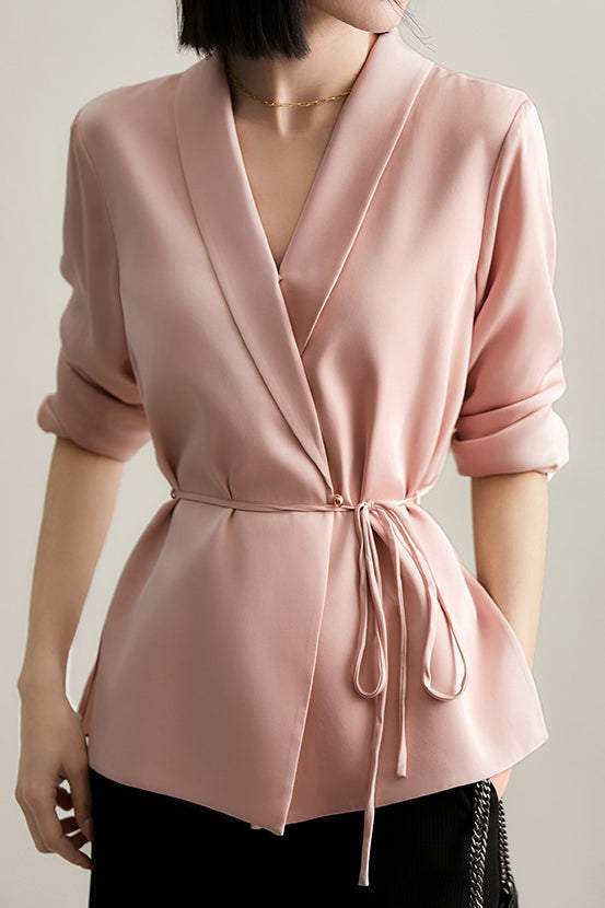 Shawl Collar Tie Belted Tailored Jacket - 3 Colors Available - liwisi