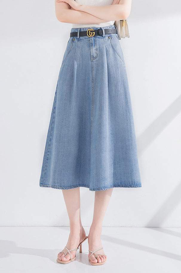 Side Pocket Long Flare Denim Skirt - 2 Colors Available - liwisi