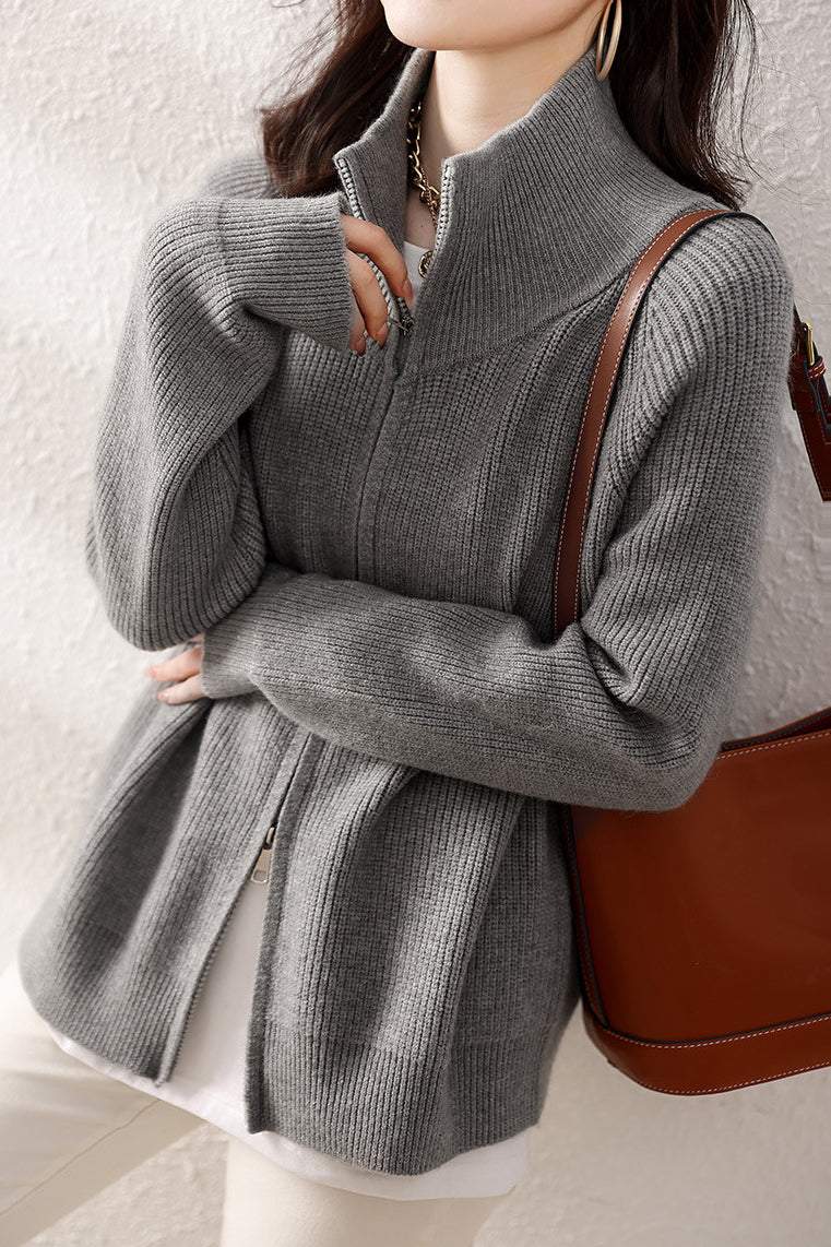 Solid Color High Neck Knit Cardigan - liwisi