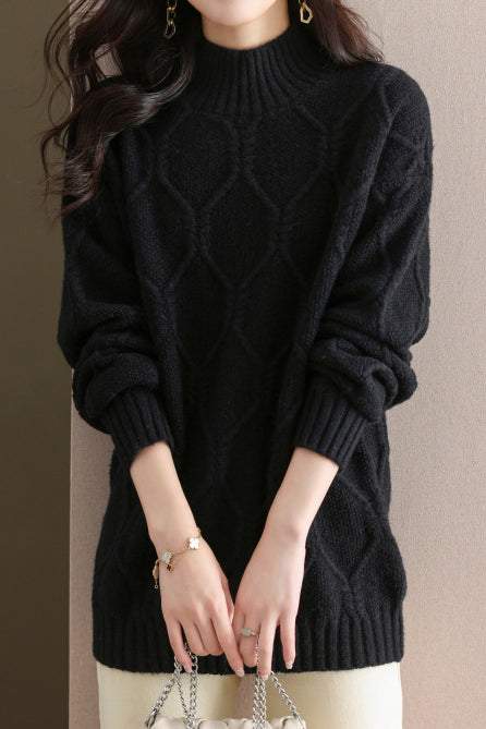 Half turtleneck loose knitted sweater - liwisi